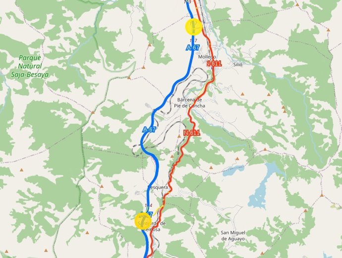 La A-67 se cortará al tráfico entre los enlaces de Pesquera y Santa Cruz de Iguña