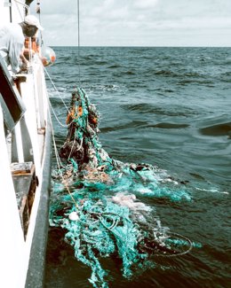 Pescadores recogiendo redes abandonas del mar.