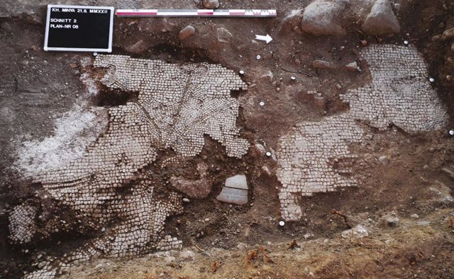 Primer plano del mosaico que muestra una planta con flores: en primer plano se ven las huellas de las marcas hechas con un pico cuando el mosaico fue destruido deliberadamente.