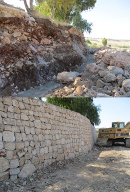 Estado del muro de contención de la alberca antes y después de la intervención.