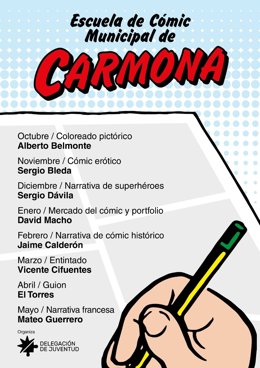Cartel anunciador de la escuela municipal de cómic de Carmona.