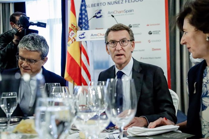 El presidente de la Cámara de Comercio de Estados Unidos en España, Jaime Malet (i) y el presidente del Partido Popular, Alberto Núñez Feijóo (c), durante un almuerzo informativo organizado por la Cámara de Comercio de EE.UU en España (AmChampain), en e
