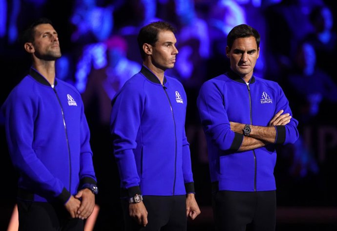 23 September 2022, United Kingdom, London: (L-R) Team Europe's Novak Djokovic from Serbia, Rafael Nadal from Spain and Roger Federer from Switzerland are seen ahead of day one of the Laver Cup at the O2 Arena. Photo: John Walton/PA Wire/dpa