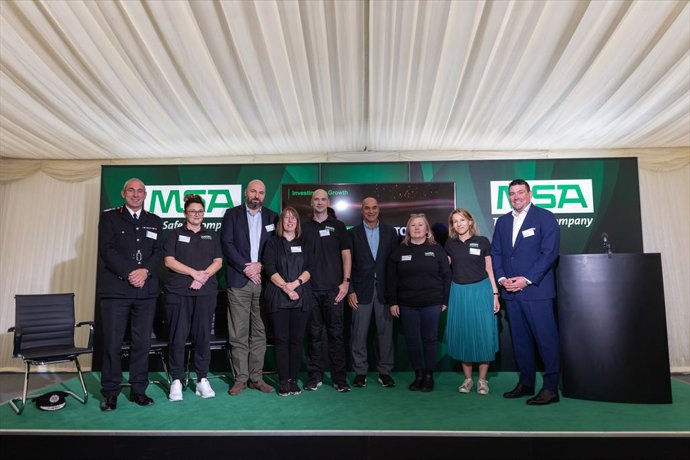 MSA Safety Cuts Ribbon on Expanded and Modernized Manufacturing Facility in Bristol; Investment Enhances Production and Service Capabilities for Fire Protective Clothing Business. Shown in the photo are Simon Shilton, Chief Fire Officer of Avon Fire and
