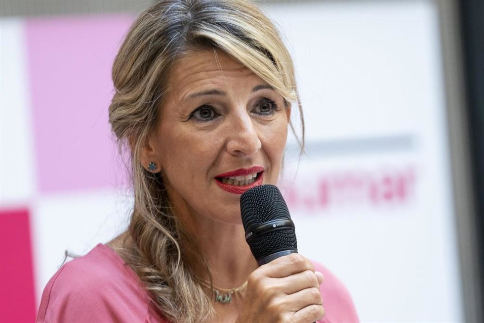 La vicepresidenta segunda y ministra de Trabajo y Economía Social, Yolanda Díaz, interviene durante la presentación de los coordinadores de trabajo de Sumar, en el Espacio Larra, a 23 de septiembre de 2022, en Madrid (España). 