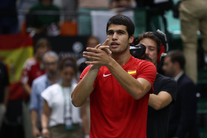 Carlos Alcaraz of Spain celebrates the victory against Soonwoo Kwon of Korea during the Davis Cup by Rakuten 2022, Finals Group B, tennis match 2 played between Spain and Korea at Fuente de San Luis pavilion on September 18, 2022, in Valencia, Spain.