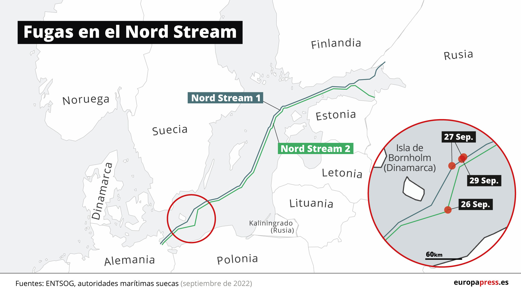 Mapa con las localizaciones de las cuatro fugas de gas detectadas en el Nord Stream 1 y 2 entre el 26 y el 29 de septiembre
