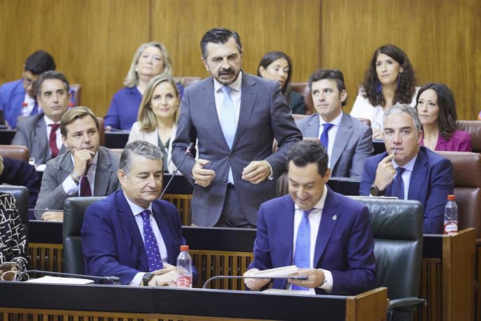 El portavoz del PP-A, Toni Martín, este jueves en el Parlamento durante su pregunta al presidente de la Junta de Andalucía, Juanma Moreno. 