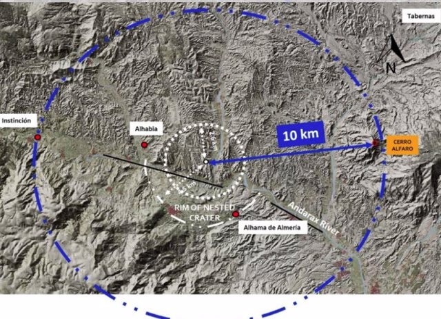 Localización del centro del cráter y radio de 20 kilómetros de la zona afectada por el impacto en la cuenca Alhabia-Tabernas