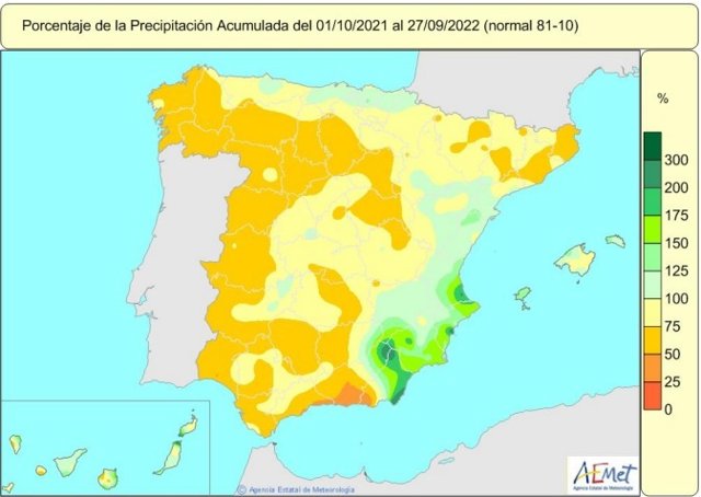 Las lluvias acumuladas entre el 1 de octubre de 2021 y el 27 de septiembre de 2022 están un 26% por debajo de los valores normales.