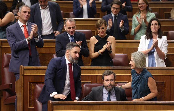 Archivo - El líder de Vox, Santiago Abascal, aplaudido por sus diputados en el Congreso