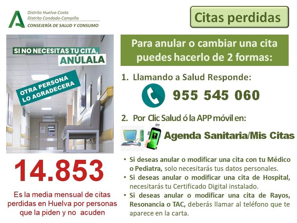 Distritos Sanitarios de Huelva impulsan la campaña 'Si no necesitas tu cita, anúlala'