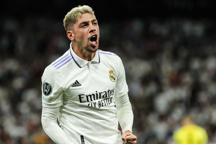 Federico Valverde of Real Madrid celebrates a goal during the UEFA Champions League, Group F, football match played between Real Madrid and RB Leipzig at Santiago Bernabeu on September 14, 2022 in Madrid, Spain.