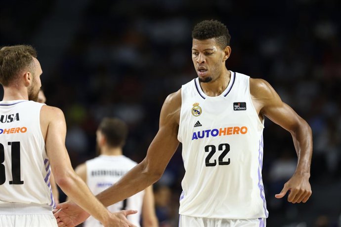 Edy Tavares of Real Madrid looks on during the spanish league, Liga Endesa ACB, basketball match played between Real Madrid and Monbus Obradorio at Wizink Center pavilion on October 02, 2022, in Madrid, Spain.