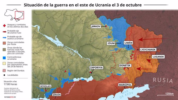 Mapa con la situación de la guerra en el este de Ucrania el 3 de octubre (Estado a las 17:00 horas). El presidente de Ucrania, Volodimir Zelenski, ha anunciado que la ciudad de Limán, situada en la región de Donetsk y puerta de entrada a la vecina Lugan