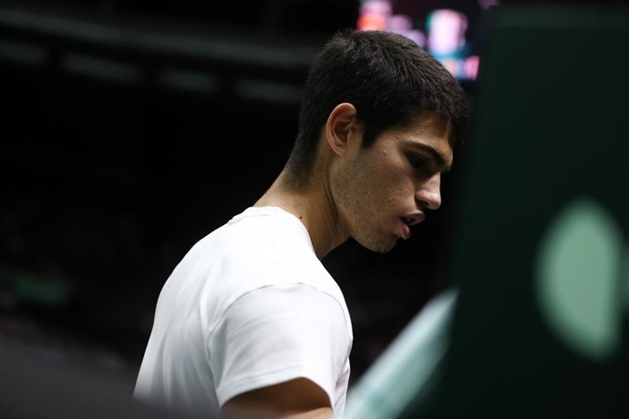 Carlos Alcaraz of Spain in action against Felix Auger-Aliassime of Canada during the Davis Cup by Rakuten 2022, Finals Group B, tennis match 2 played between Spain and Canada at Fuente de San Luis pavilion on September 16, 2022, in Valencia, Spain.