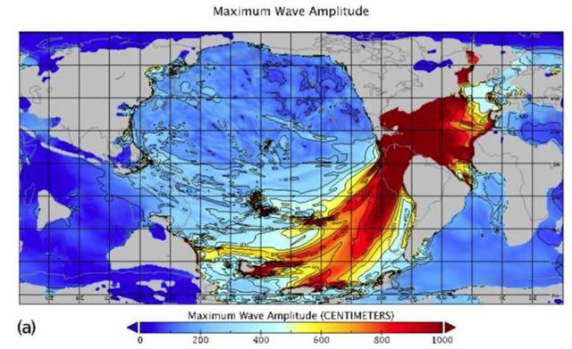 Amplitud máxima de la ola de tsunami, en centímetros, tras el impacto de un asteroide hace 66 millones de años.