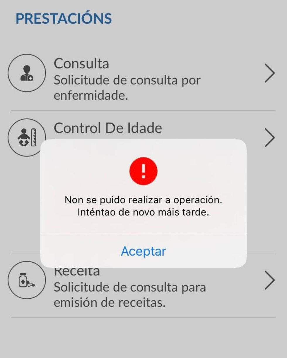 Imagen de una petición de cita en la 'app' del Sergas.