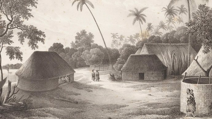 Grabado de una aldea en una isla de Polinesia