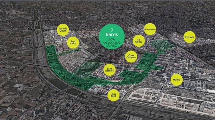 Imagen del Corredor Verde Valncia Sud proyectado para la zona sur de la ciudad sobre la playa de vías que desaparecerá tras ser soterrada y las barrios que comprende.