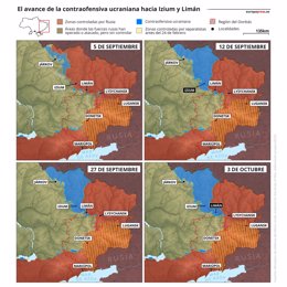 Mapas que muestran el avance de la contraofensiva de Ucrania en el este de país entre el 5 de septiembre y el 3 de octubre de 2022, recuperando ciudades bajo control ruso como Izium o Limán.