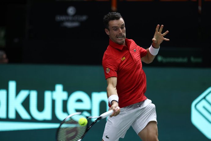 Roberto Bautista Agut of Spain in action against Seong Chan Hong of Korea during the Davis Cup by Rakuten 2022, Finals Group B, tennis match 1 played between Spain and Korea at Fuente de San Luis pavilion on September 18, 2022, in Valencia, Spain.