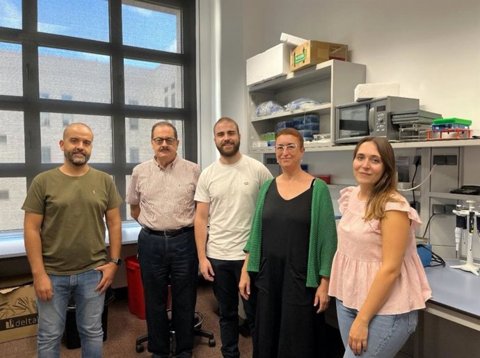 De izquierda a derecha, David García Bernal (Grupo de Trasplante Hematopoyético y Terapia Celular) Manuel Vidal Sanz, Alejandro Gallego Ortega, Marta Agudo Barriuso y María Norte Muñoz (Grupo de Oftalmología Experimental)
