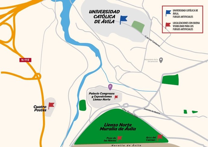 Plano con los puntos estratégicos para disfrutar del espectáculo pirotécnico.