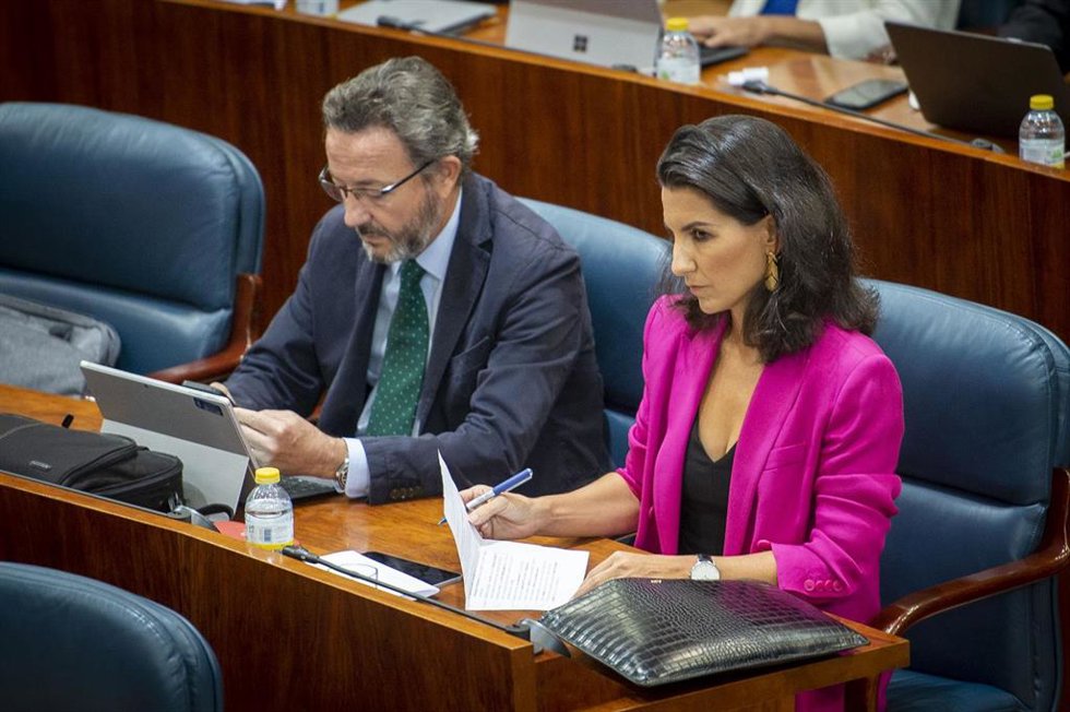 La portavoz de Vox en la Asamblea de Madrid, Rocío Monasterio, durante una sesión plenaria en la Asamblea de Madrid