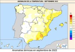 2022 Es Por Ahora El Año Más Cálido En España. Mapa De Las Anomalías Térmicas En Septiembre De 2022