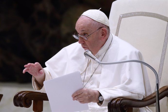 12 September 2022, Vatican, Vatican City: Pope Francis leads the audience of the participants of the Public Assembly of Confindustria in Paul VI hall at the Vatican. Photo: Evandro Inetti/ZUMA Press Wire/dpa