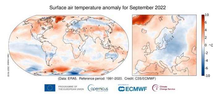 Septiembre registró temperaturas excepcionales en Groenlandia y fue el cuarto más cálido en el mundo, según el Servicio de Cambio Climático de Copernicus (C3S)