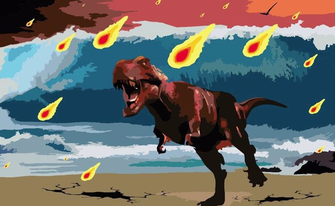 Ilustración que representa la experiencia de un dinosaurio del impacto de Chicxulub