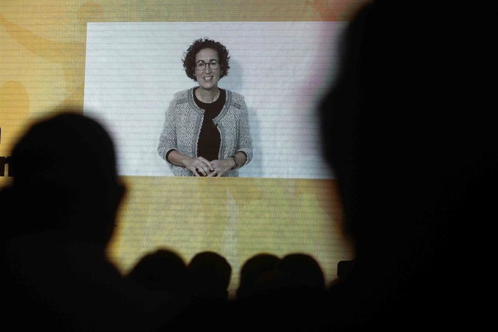 La secretaria general de ERC, Marta Rovira, interviene telemáticamente en el aniversario del 1-O, a 30 de septiembre de 2022, en San Carles de La Rpita, Tarragona, Cataluña (España).