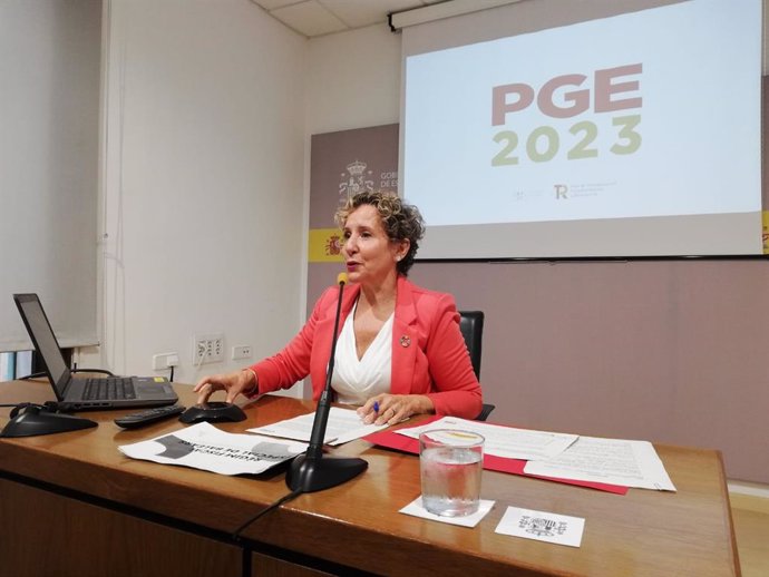 La delegada del Gobierno en Baleares, Aina Calvo, durante la presentación sobre los PGE de 2023.