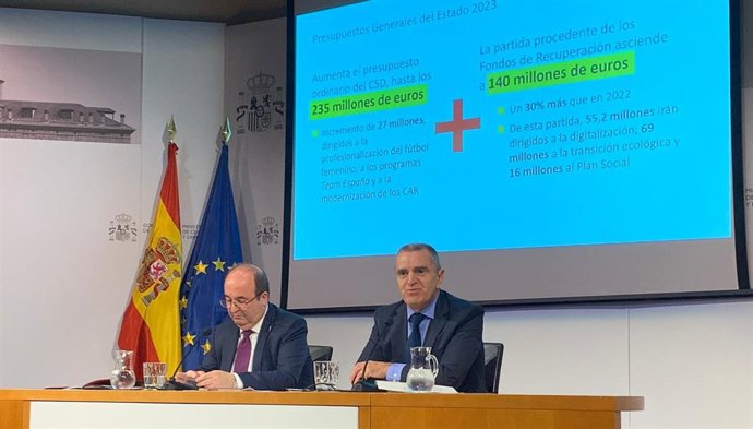 José Manuel Franco, presidente del CSD, y Miquel Iceta, ministro de Cultura y Deporte, presentan los presupuestos para 2023