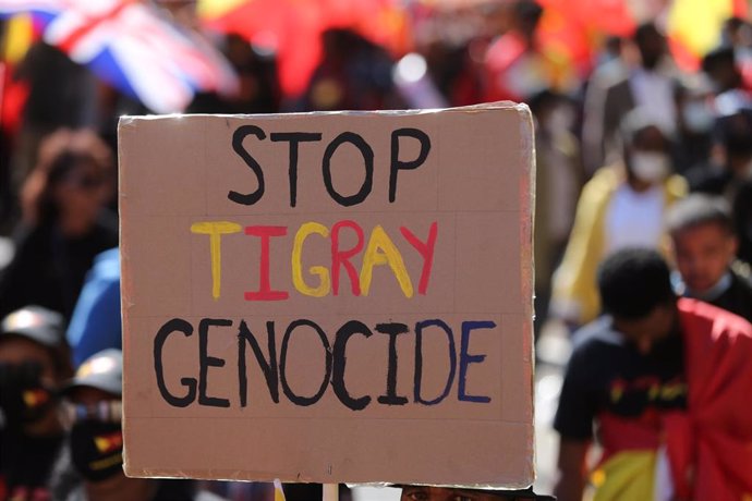 Una pancarta para protestar por el genocidio en Tigray (Archivo)