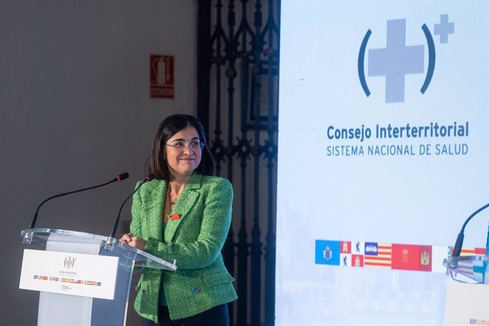 La ministra de Sanidad, Carolina Darias, comparece en rueda de prensa tras la reunión del Consejo Interterritoria del SNS, a 7 de octubre de 2022, en Santiago de Compostela, A Coruña, Galicia (España). 