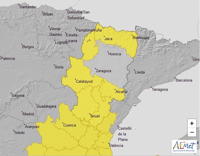 Aviso amarillo por lluvias y tormentas en varias zonas de Aragón, este lunes.