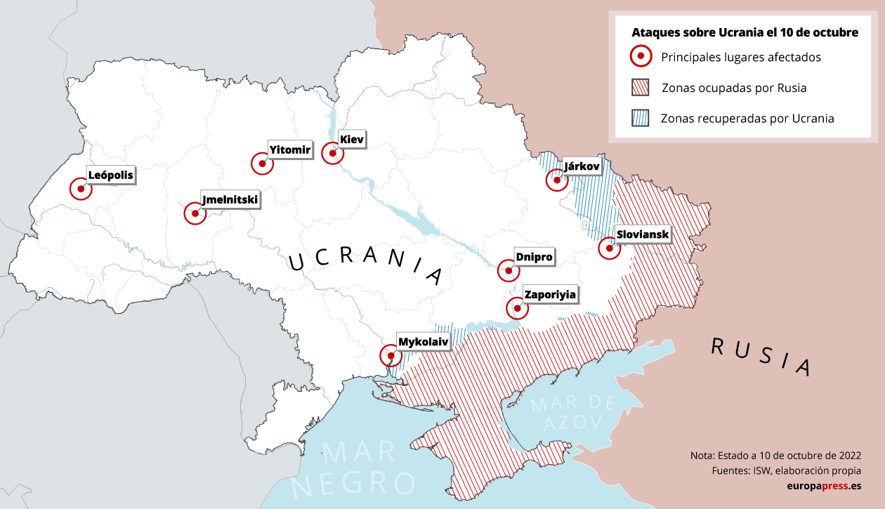 Mapa con ataques registrados sobre distintas ciudades de Ucrania el 10 de octubre de 2022