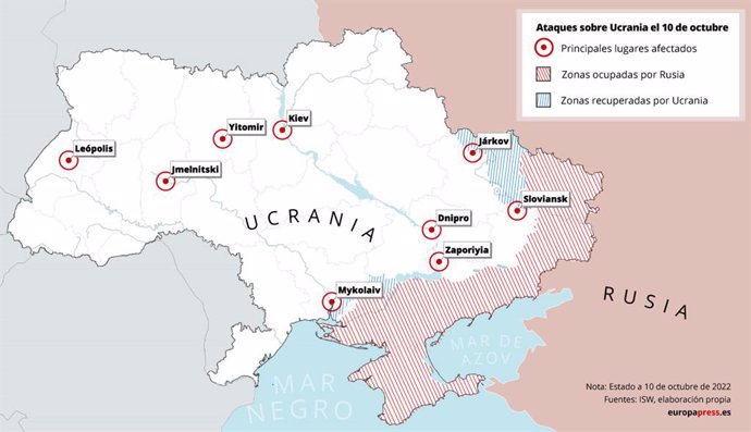 Mapa con ataques registrados sobre distintas ciudades de Ucrania el 10 de octubre de 2022. Rusia ha respondido este lunes a la destrucción del puente de Kerch, que conecta la Rusia continental con la península de Crimea --anexionada en 2014--, con una s