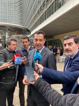 El presidente de la Junta de Andalucía, Juanma Moreno, este lunes en Bruselas