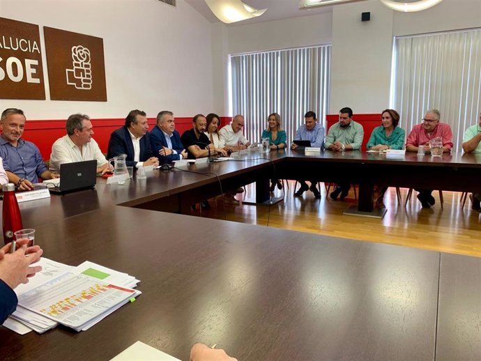 Reunión del secretario de Organización del PSOE, Santos Cerdán, con el PSOE de Sevilla para abordar las elecciones municipales de 2023.