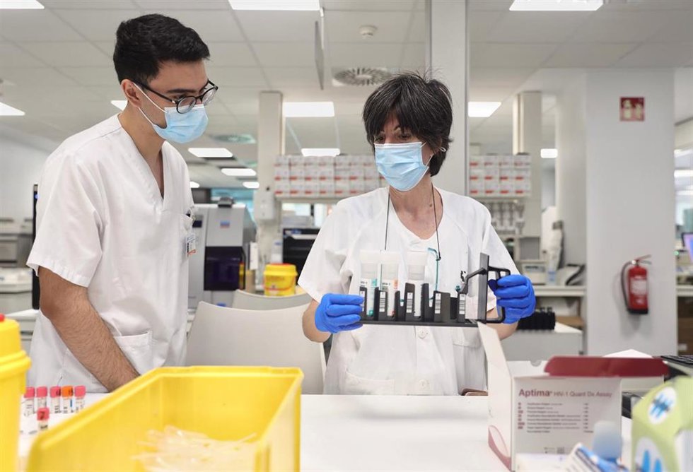 Archivo - Técnicos de laboratorio trabajan con pruebas PCR