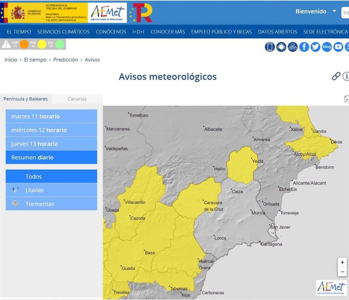Mapa que muestra los avisos activos en la Región de Murcia