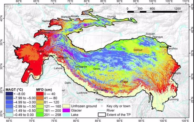 Estados actuales de la temperatura media anual del suelo (MAGT) y profundidad máxima de helada (MFD) en el Tercer Polo