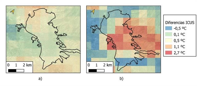 Diferencias de intensidades de la Isla de Calor Urbana de Superficie diurna a) y nocturna b).