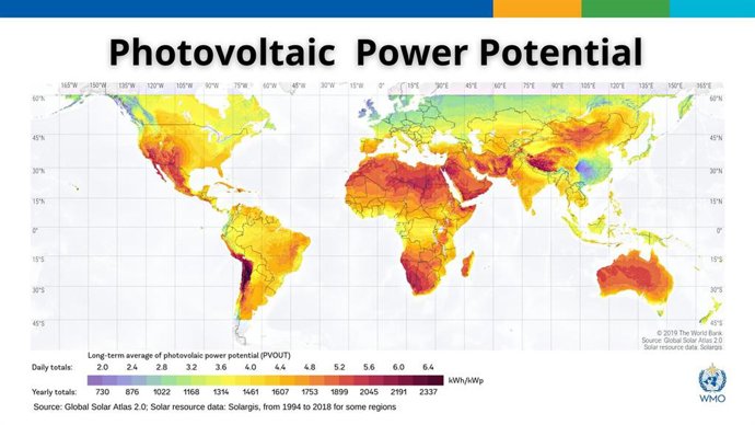 Mapa de potencial instalación de energía solar fotovoltaica en todo el mundo.