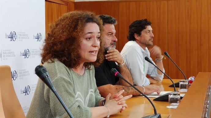 La portavoz de Por Andalucía, Inmaculada Nieto, el eurodiputado Manu Pineda y Antonio Aguilera, de la Mesa Social del Agua, este martes en rueda de prensa.