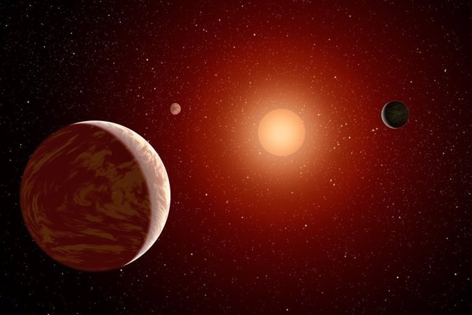 Concepto artístico de un sistema planetario enano M, donde es más probable que se detecte bromuro de metilo.